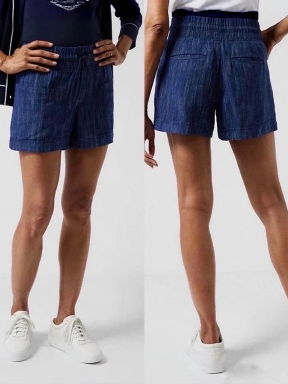 Athleta Cabo Linen Textured 4” Short Women's Elastic-Waist Dark Blue Shorts Sz 4